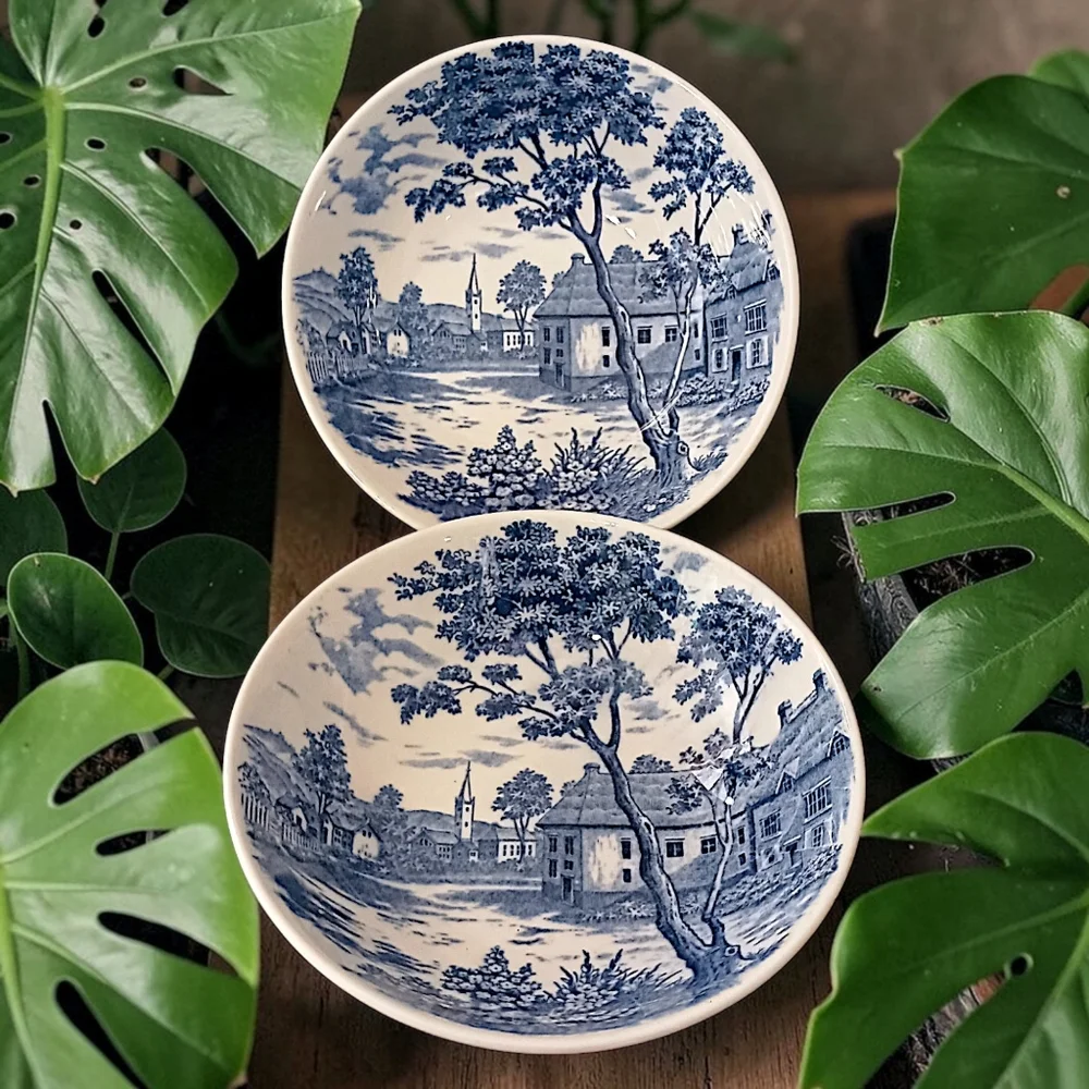 2 Holmar English Village Bowls Set Soup Cereal‎ Berry Blue White Vintage Japan